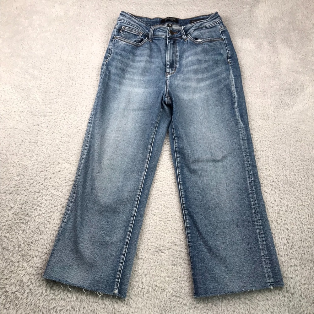 Judy Blue Wide Leg Crop Jeans Womens 29 (28x23) Stone Wash Raw Hem Stretch Denim